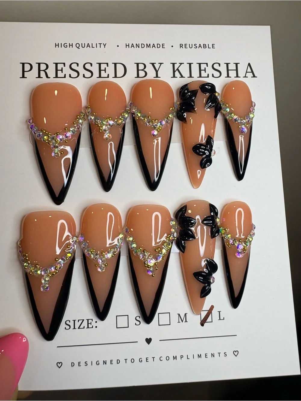 Nude & Black Stiletto Press-Ons with Rhinestones